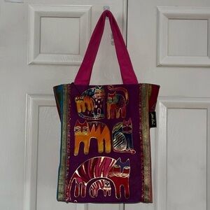 Laurel Burch Vibrant Jewel Tone Cat Tote With Bag Charm